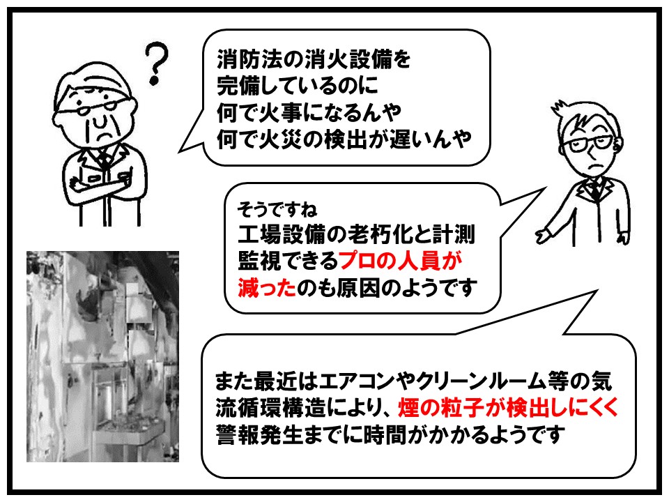 消防法の消火設備を完備していても、工場設備の老朽化や計測監視できるプロの人員が減ったことで検出が遅れることがあります。
